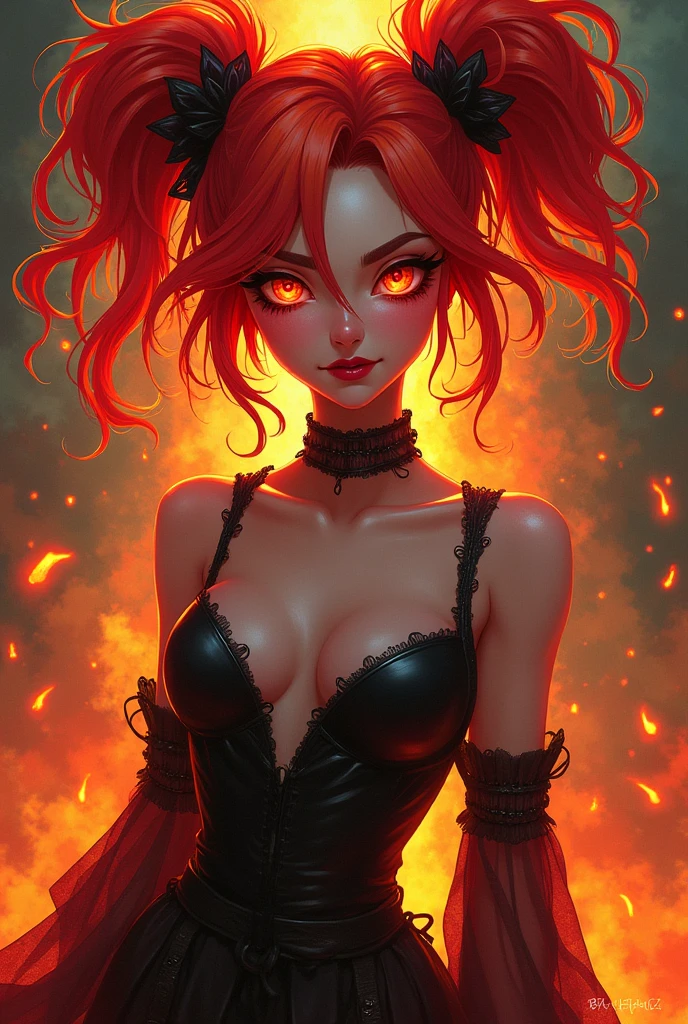 Art style: Hazbin Hotel & Helluva Boss, Sex: Female, Race: Seven Deadly Sins, Hair style: Big poinytails, Hair and eye color: Fire(Red, Orange and yellow)