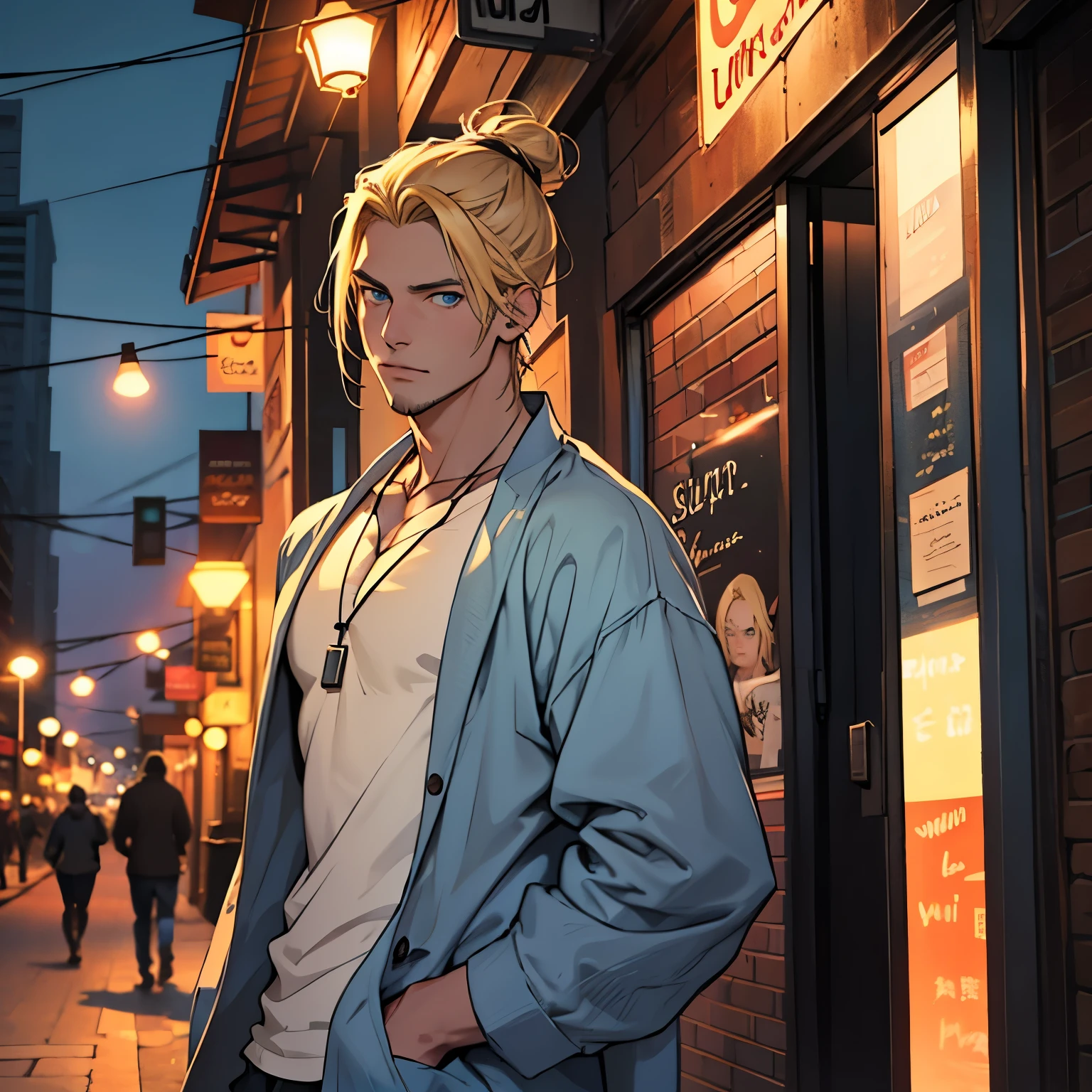 handsome, young man, blonde hair, man bun, blue eyes, outside a bar at night, wearing baggy clothes, wearing necklace