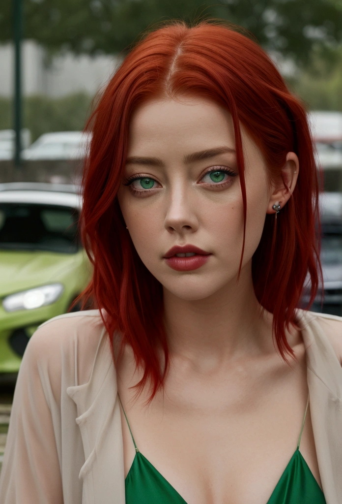 girl, red hair, green eyes, amber heard, pixie, rainy. Moodie, car park