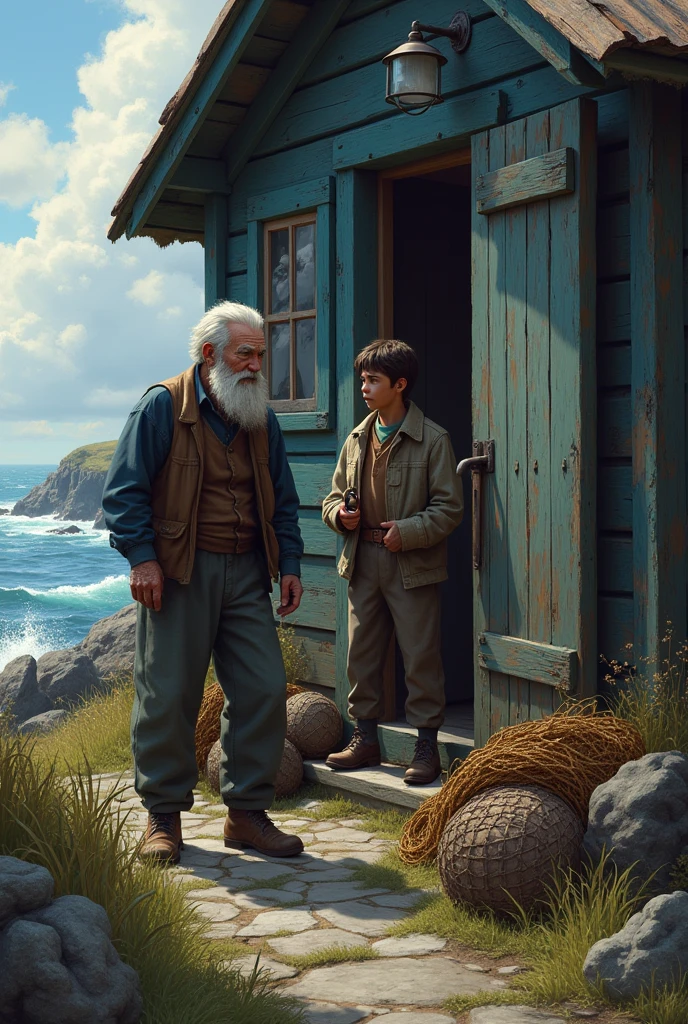 Old man and age fisherman, the two entering a cabin on the coast