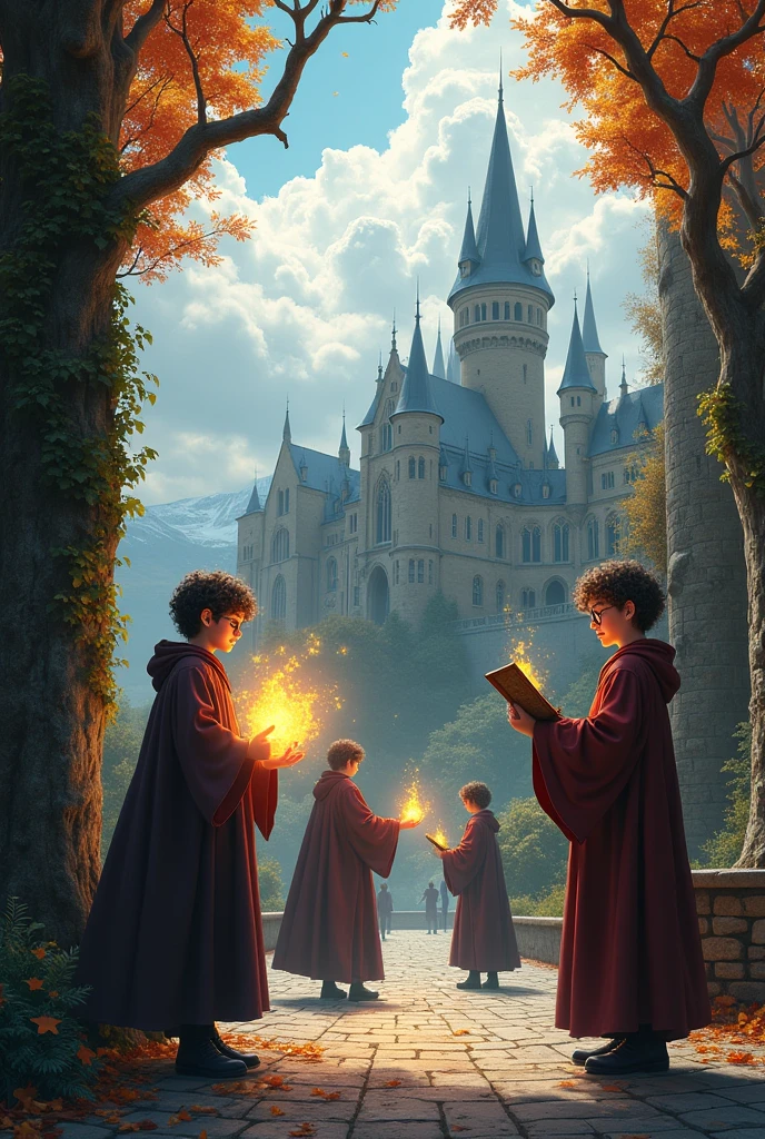 Create an image of a magical school courtyard during autumn, with towering stone walls covered in ivy and ancient trees shedding their colorful leaves. In the scene, a group of young students in wizard robes are practicing spells with their wands. One student with glasses and messy hair is casting a bright, glowing spell, while another with curly hair is reading a large, enchanted book. In the background, you can see a castle with tall towers and a distant mountain range shrouded in mist. The sky is cloudy, with rays of sunlight breaking through, creating a mystical atmosphere.