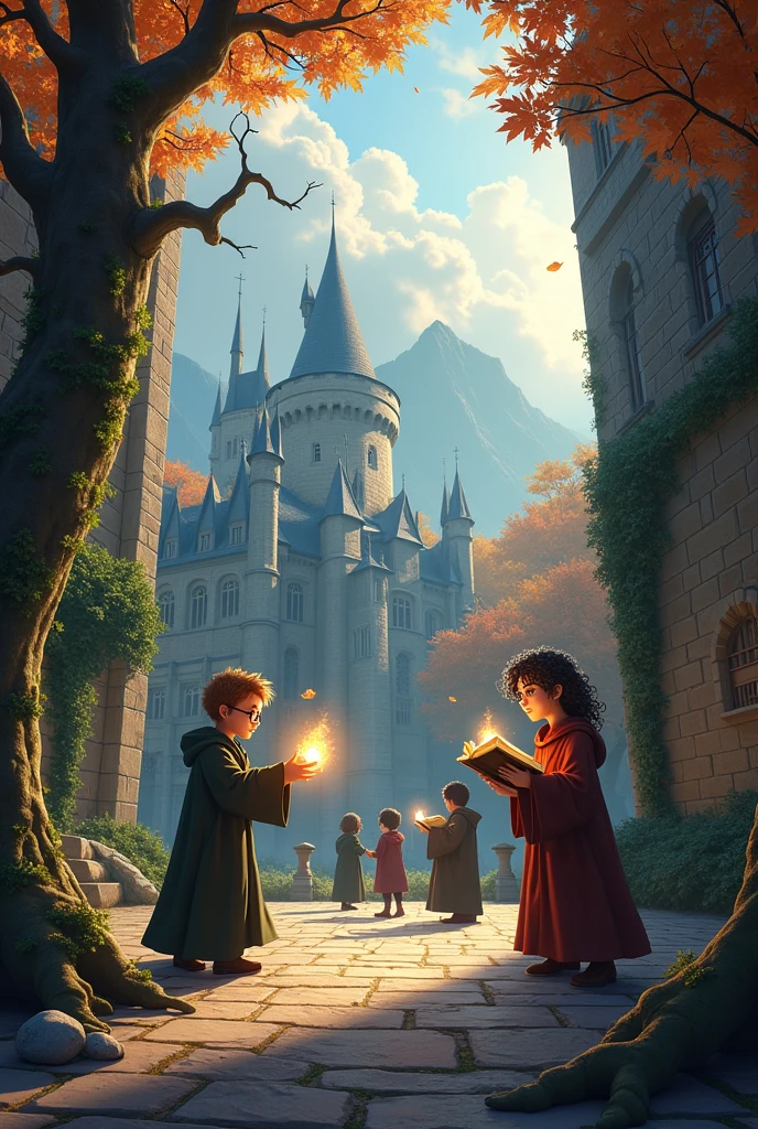 Create an image of a magical school courtyard during autumn, with towering stone walls covered in ivy and ancient trees shedding their colorful leaves. In the scene, a group of young students in wizard robes are practicing spells with their wands. One student with glasses and messy hair is casting a bright, glowing spell, while another with curly hair is reading a large, enchanted book. In the background, you can see a castle with tall towers and a distant mountain range shrouded in mist. The sky is cloudy, with rays of sunlight breaking through, creating a mystical atmosphere.