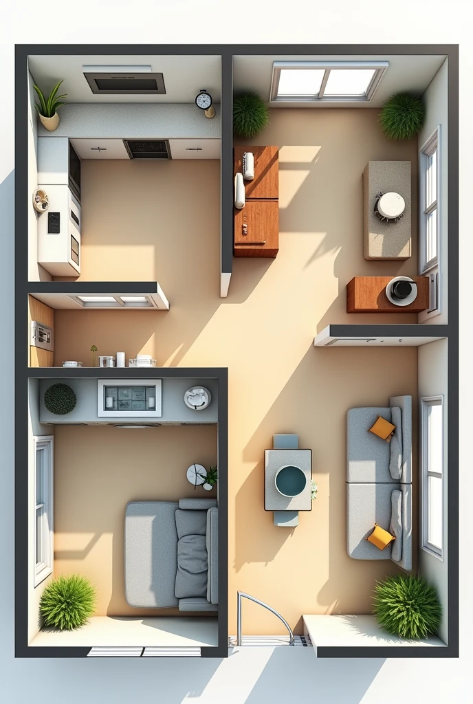 Realistic color plan of a 70m2 house , with three rooms kitchen ,dining room, bathroom and living room