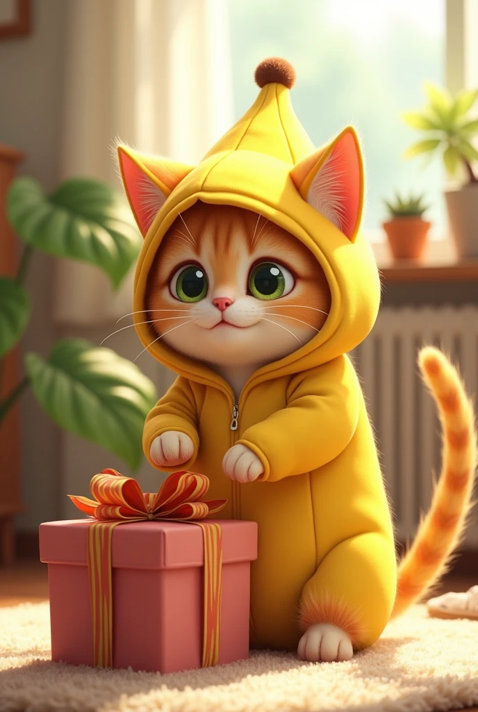Make a cat out of a banana suit, getting a gift 