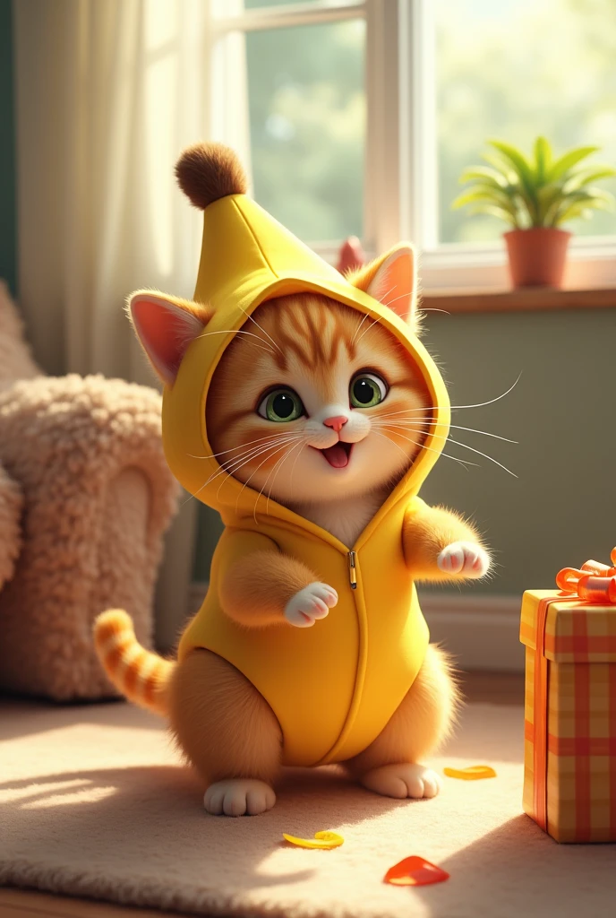 Make a cat out of a banana suit, getting a gift