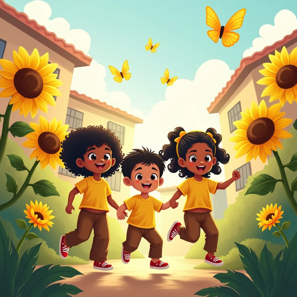 vectors, sunflowers, white children, Dominican children, medium and small, brown pants, school