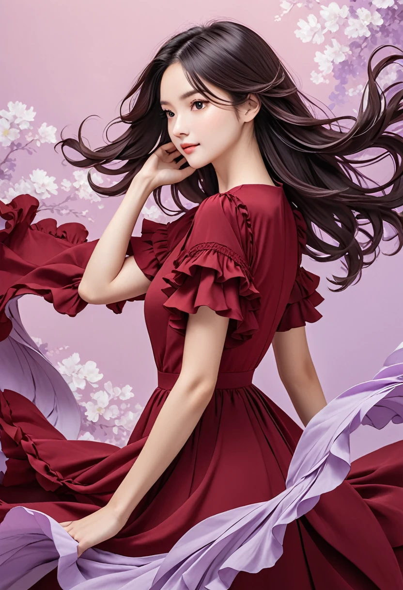 The image shows a person wearing a dark red dress with ruffled short sleeves and a layered, flowing design. The background is a plain, light purple color, and the person has long, dark hair. The pose appears relaxed, with one arm down and the other hand touching the hair.