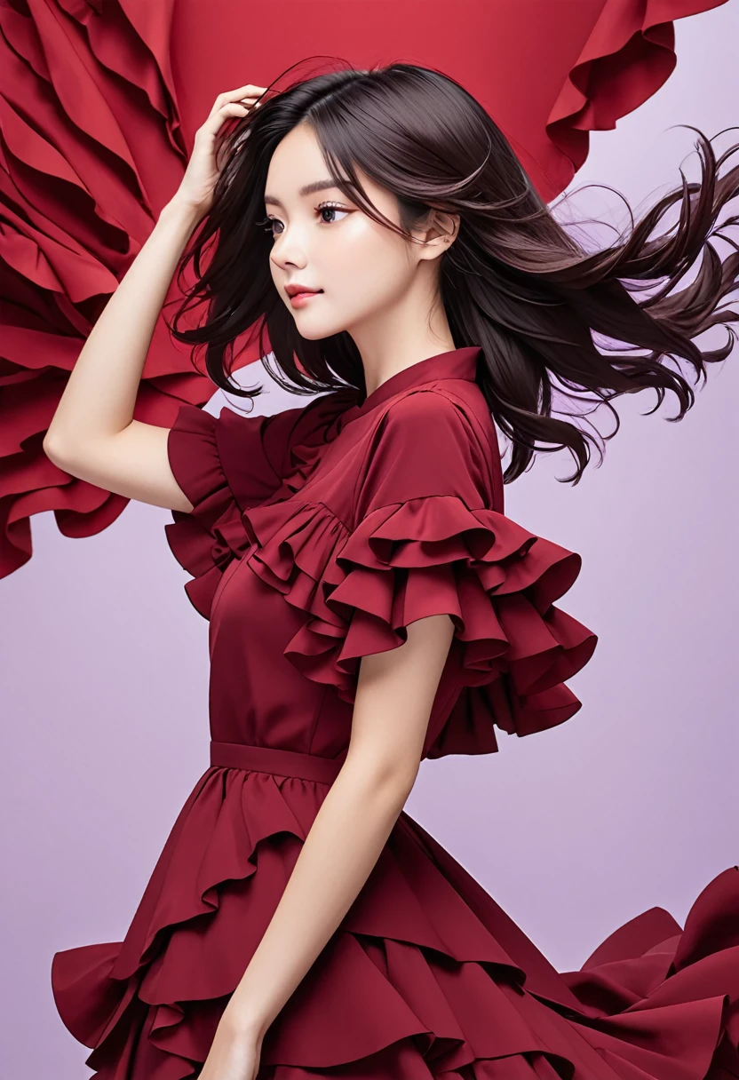 The image shows a person wearing a dark red dress with ruffled short sleeves and a layered, flowing design. The background is a plain, light purple color, and the person has long, dark hair. The pose appears relaxed, with one arm down and the other hand touching the hair.
