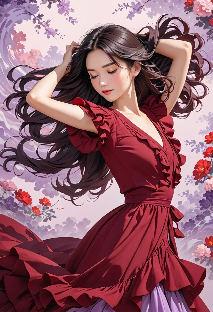 The image shows a person wearing a dark red dress with ruffled short sleeves and a layered, flowing design. The background is a plain, light purple color, and the person has long, dark hair. The pose appears relaxed, with one arm down and the other hand touching the hair.