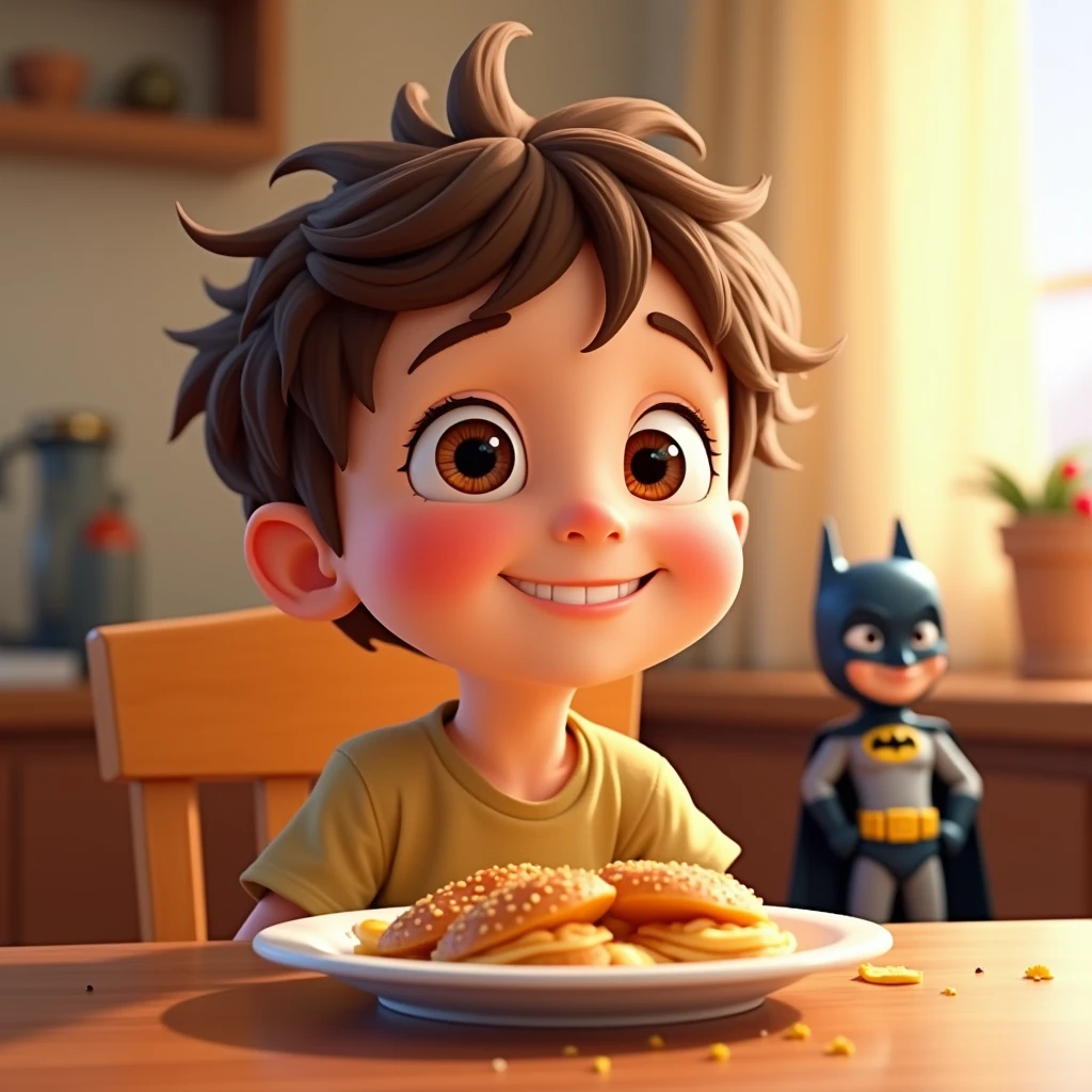 Image type: Pixar cartoon of a boy, short brown hair, big cage eyes, Expression of a happy and friendly child. The child is sitting at the table in front of a plate of food and next to him a Batman toy.