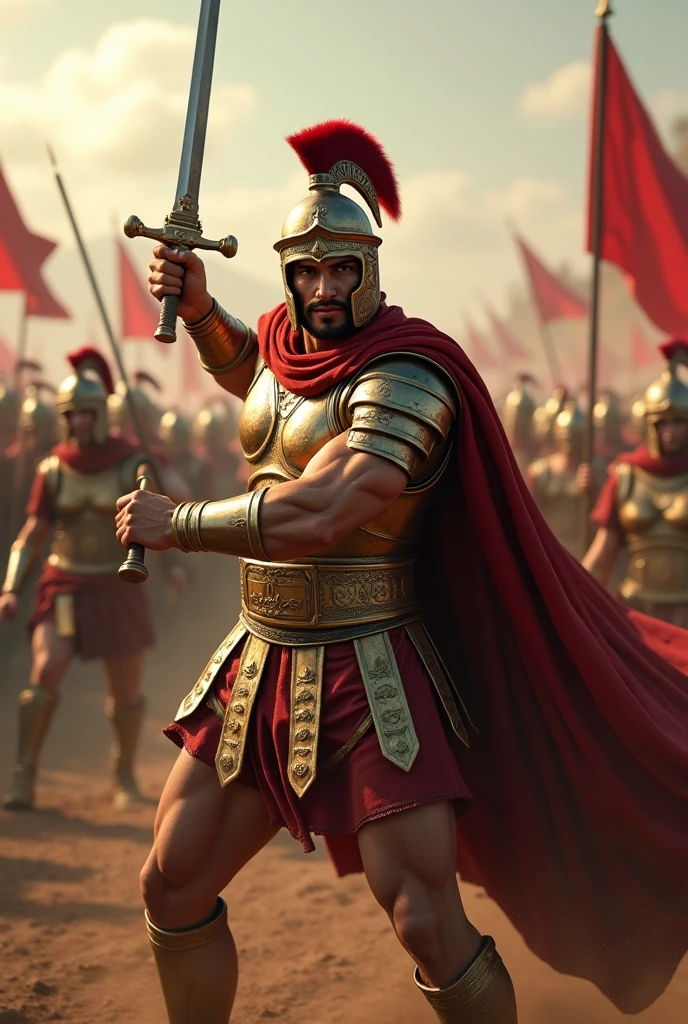((masterpiece, highest quality, Highest image quality, High resolution, Raw photo, 8K)), ((Extremely detailed CG unified 8k wallpaper)), (huge stunning warrior shot, full body, musclural body beauty:1.4), Posing for the camera, In a warrior fighting stance, a stern look, in a ready stance, Armor: Scipio is clad in his bronze cuirass, which glints in the sunlight, adorned with symbols of his past victories. His red cloak flows behind him as he moves, marking him as a general even in the heat of battle.
Expression: His face is focused and determined, with a furrowed brow and intense eyes that scan the battlefield for threats and opportunities.

Pose and Action:

Stance: Scipio is in the midst of battle, standing firm with a wide, balanced stance, his body slightly crouched to absorb the impact of combat.
Right Hand: He grips his sword tightly, mid-swing, as he strikes down an approaching enemy with precision and force. The sword gleams as it cuts through the air, a blur of lethal motion.
Left Hand: His left hand is held out for balance, or possibly holding a shield that deflects an enemy blow, showing his skill in both offense and defense.
Backdrop: Around him, the chaos of battle unfolds—fallen soldiers, the clash of weapons, and the dust kicked up by the fray. Behind him, Roman standards (flags) wave, representing the strength and unity of his legions., photorealistic, 16k, 8k, 4K, award winning