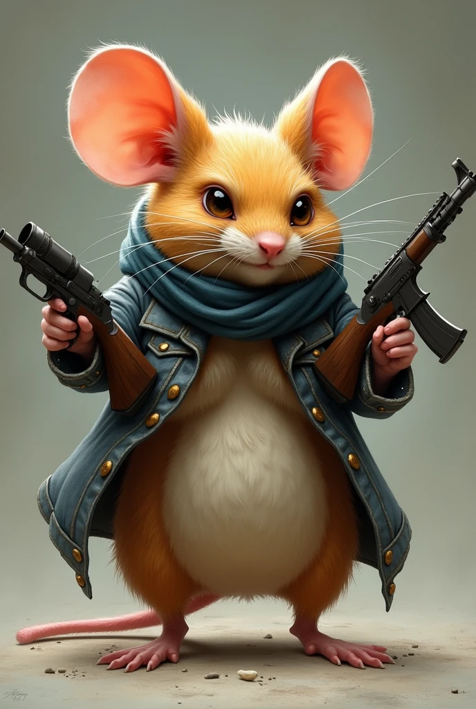 Syrupy, of the mouse, Holding a truncheon in one hand and a rifle in the other