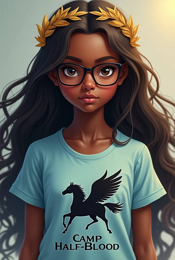 Dark skinned girl with long brown hair and glasses wearing a light blue t-shirt that has a black pegasus on it that says Camp Half-Blood and a golden laurel wreath
