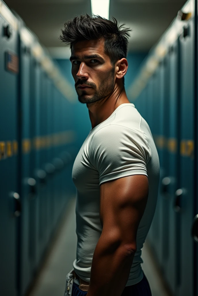 create a poster for a locker room features an athlete, confident pose, He is viewed from left side behind, with his head turned over his shoulder to look back at the viewer, black rough hair, wearing t-shirt, muscular.
