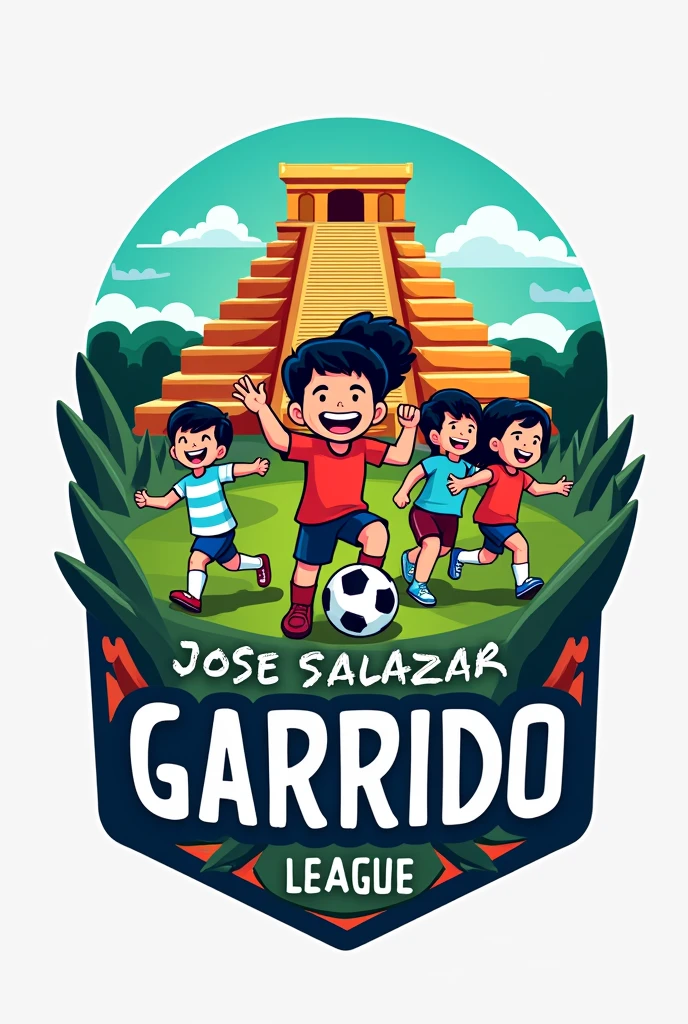 Football league logo with kids playing soccer, A soccer ball, a goal, Aztec pyramid, what say "Jose Salazar Garrido League" 