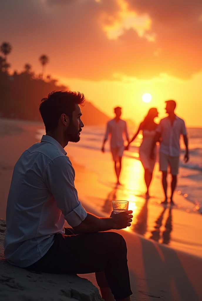 Man having a drink watching couples happy together in a beach while the sun sets