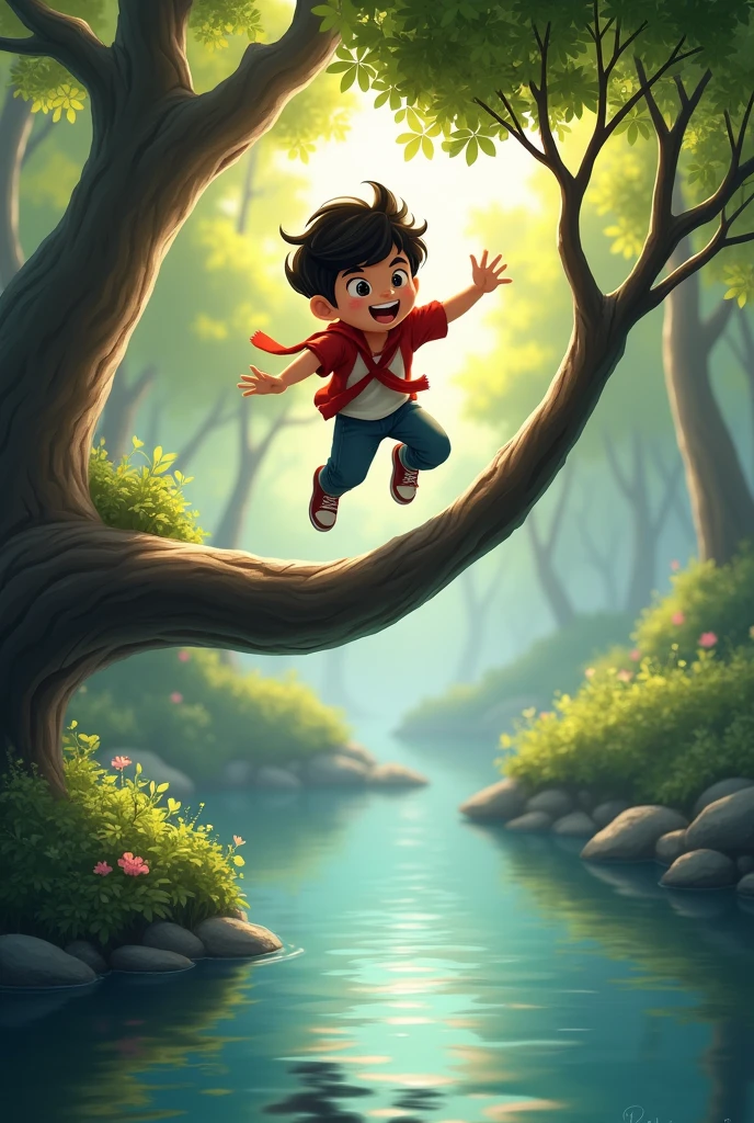 Some boy jumping to a pond from a curved tree towards pond.