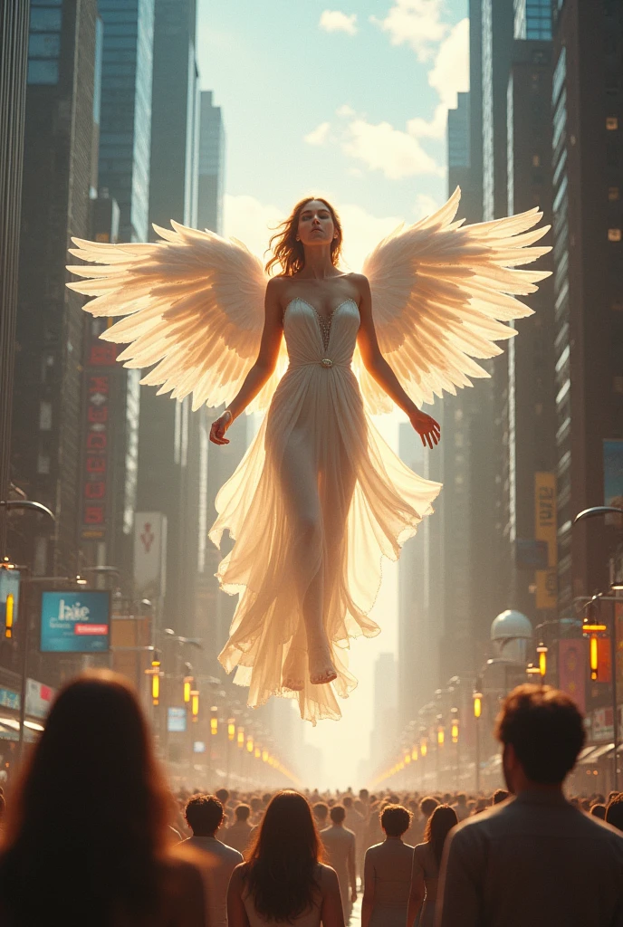 Angel falling from heaven at an electronic concert, with the wrong word at the bottom