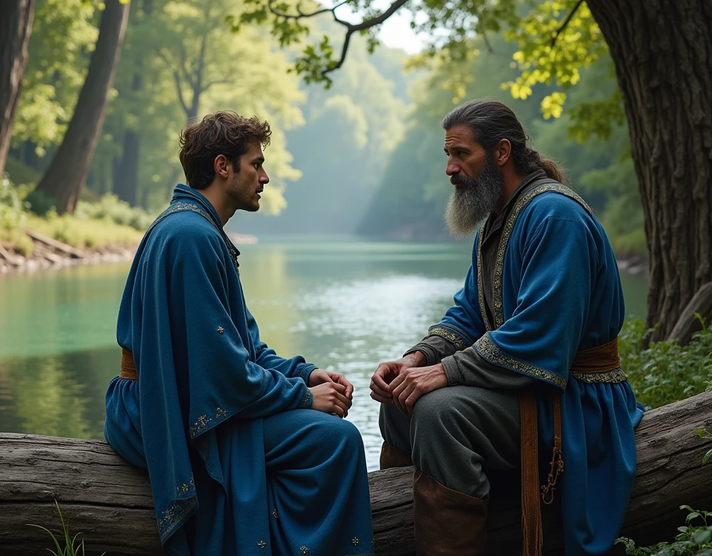 (photorealism:1.2), medieval young man, with mystic blue clothes sitting on log with farmer bearded man, next to a river.