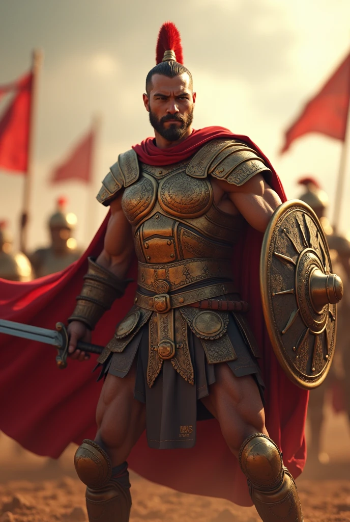 ((masterpiece, highest quality, Highest image quality, High resolution, Raw photo, 8K)), ((Extremely detailed CG unified 8k wallpaper)), (huge stunning warrior shot, full body, musclural body beauty:1.4), Posing for the camera, In a warrior fighting stance, a stern look, in a ready stance, Armor: Scipio is clad in his bronze cuirass, which glints in the sunlight, adorned with symbols of his past victories. His red cloak flows behind him as he moves, marking him as a general even in the heat of battle.
Expression: His face is focused and determined, with a furrowed brow and intense eyes that scan the battlefield for threats and opportunities.
Pose and Action:
Stance: Scipio is in the midst of battle, standing firm with a wide, balanced stance, his body slightly crouched to absorb the impact of combat.
Right Hand: He grips his sword tightly, mid-swing, as he strikes down an approaching enemy with precision and force. The sword gleams as it cuts through the air, a blur of lethal motion.
Left Hand: His left hand is held out for balance, or possibly holding a shield that deflects an enemy blow, showing his skill in both offense and defense.
Backdrop: Around him, the chaos of battle unfolds—fallen soldiers, the clash of weapons, and the dust kicked up by the fray. Behind him, Roman standards (flags) wave, representing the strength and unity of his legions., photorealistic, 16k, 8k, 4K, award winning