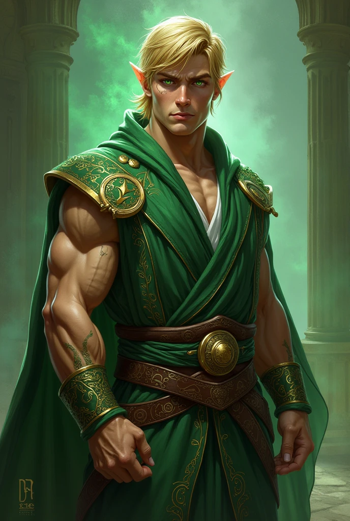 Half elf, blond short hair, green eyes muscular, in light mage robes