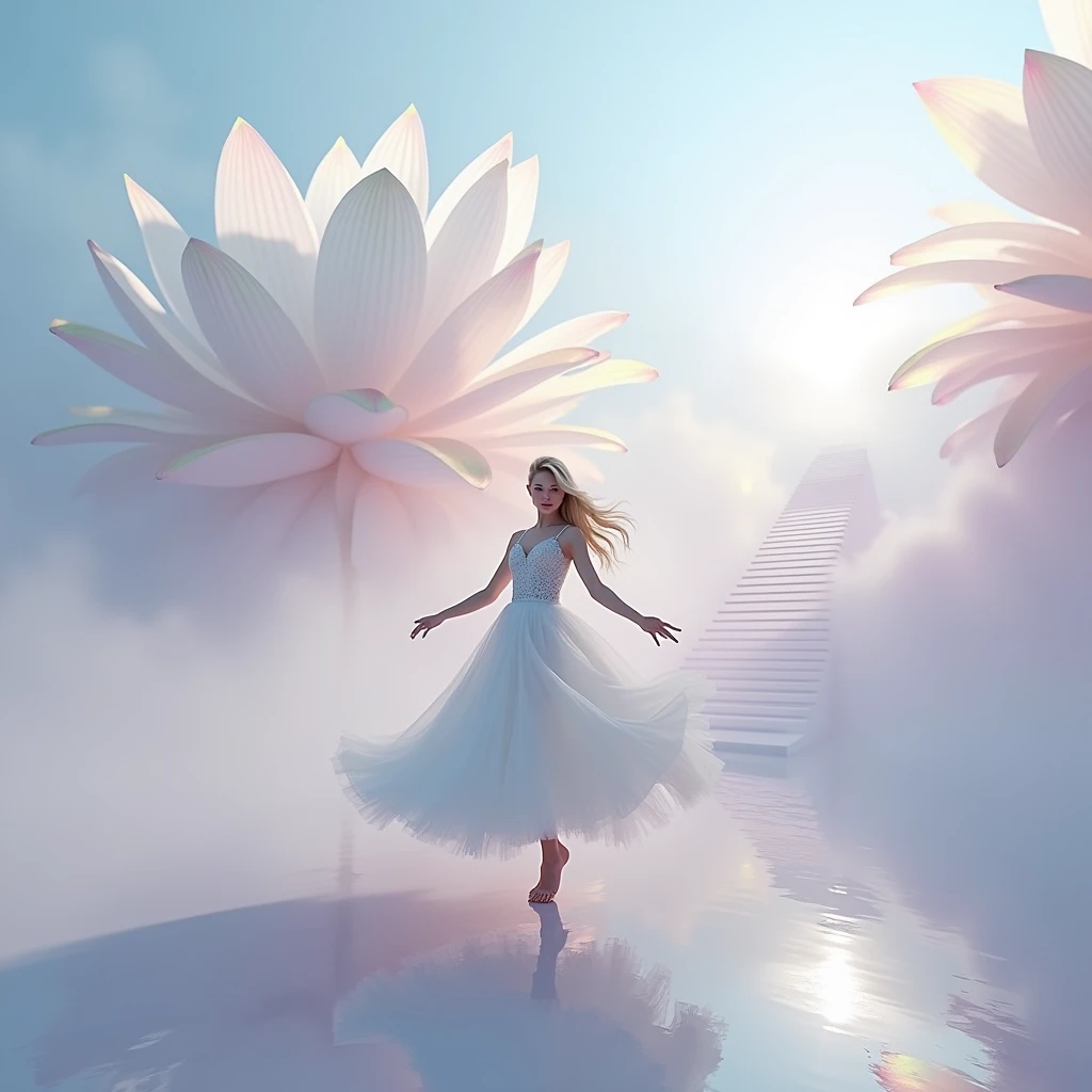 running on clouds, background color pale blue lilac in the distance from the fog around and at the feet, minimalist, elegant, pure gentle, soft lilac light, veil,lace,photorealistic. Giant White Lotus , with huge and long rainbow petals. (petal made of thin and soft tulle, flowing petals full background, floating petals, hyperflying petals, at the feet A mixture of rainbow smoke and fog effects from colored pale blue fog on the ground and petals). Extravagant, beautiful woman full length, nice legs,shoes, in a fast dance in a flying pose, (Ultra detailed face, hyperrealistic) posing Giant Rainbow Lotus , center of rainbow in photo, woman looking at viewer, разрешение 8 K, masterpiece, top quality, the skirt flutters strongly in the wind,Tyndall phenomenon,white staircase to heaven, beautiful blonde, Best quality, super detailed, valid,professional,white fluffy lace wedding dress,train, extravagant development is strong, lots of lace on the dress, train,Rows of pale pink and violet rays, cloud, light multi-colored fog,White minimalist, partial reflection,Desktop wallpaper,Love is light, 8 K,12K,