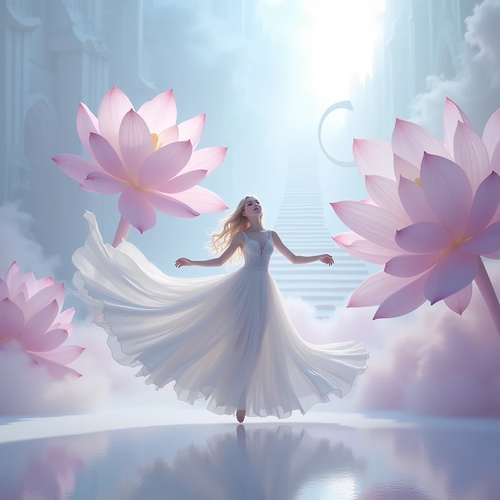 running on clouds, background color pale blue lilac in the distance from the fog around and at the feet, minimalist, elegant, pure gentle, soft lilac light, veil,lace,photorealistic. Giant White Lotus , with huge and long rainbow petals. (petal made of thin and soft tulle, flowing petals full background, floating petals, hyperflying petals, at the feet A mixture of rainbow smoke and fog effects from colored pale blue fog on the ground and petals). Extravagant, beautiful woman full length, nice legs,shoes, in a fast dance in a flying pose, (Ultra detailed face, hyperrealistic) posing Giant Rainbow Lotus , center of rainbow in photo, woman looking at viewer, разрешение 8 K, masterpiece, top quality, the skirt flutters strongly in the wind,Tyndall phenomenon,white staircase to heaven, beautiful blonde, Best quality, super detailed, valid,professional,white fluffy lace wedding dress,train, extravagant development is strong, lots of lace on the dress, train,Rows of pale pink and violet rays, cloud, light multi-colored fog,White minimalist, partial reflection,Desktop wallpaper,Love is light, 8 K,12K,