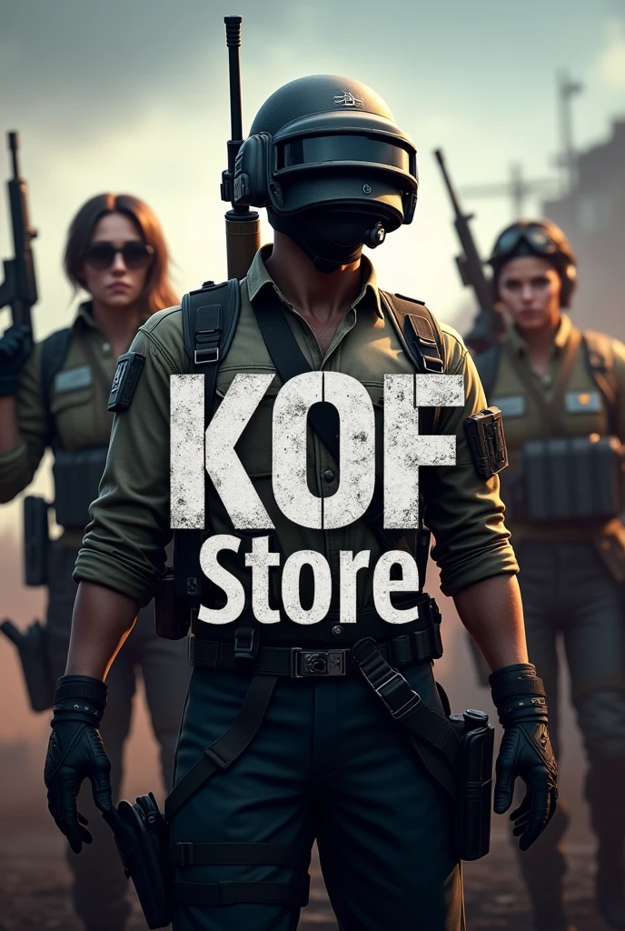 Whatsapp wallpaper. I want pubg picture squad man or women and text below KOF STORE where is text good now front of pubg man who wear helmet