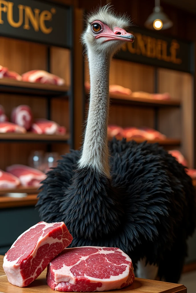 An image promoting our ostrich meat sales outlet in the butcher shop "fortune"