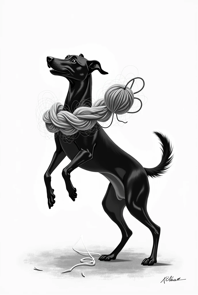 Black and white female dog playing with knitting wool without background