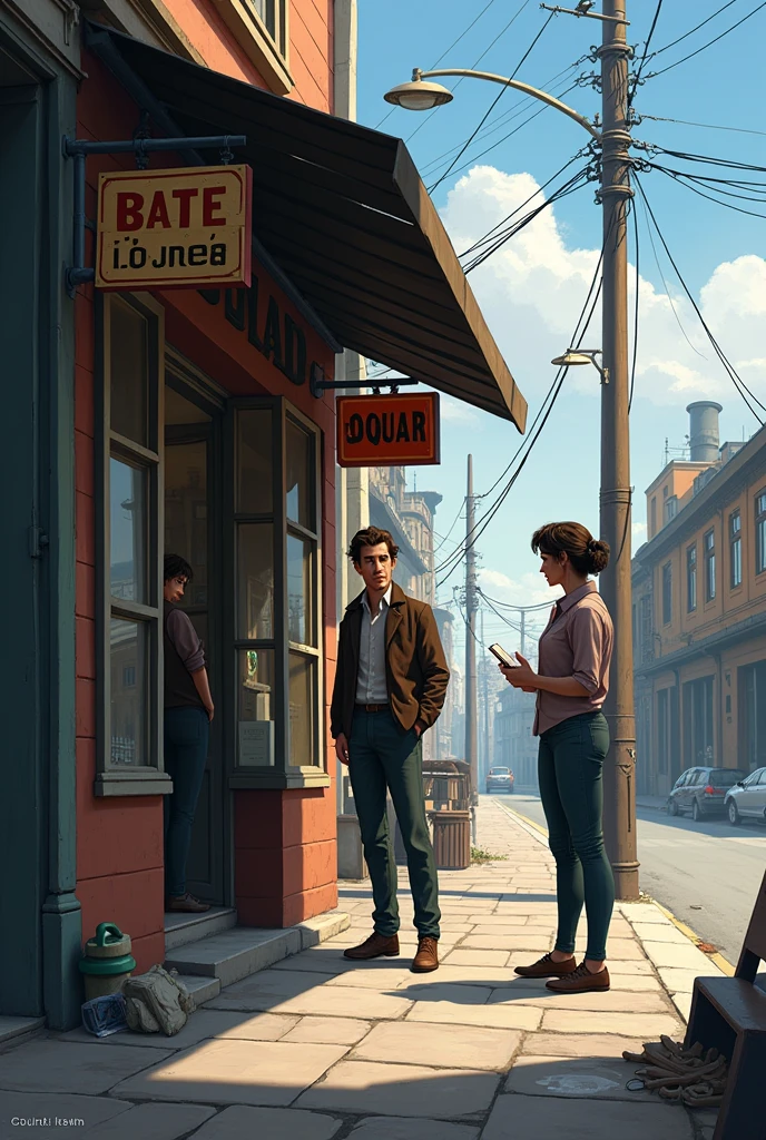 Environment: Street in front of the factory, with a more urban and slightly worn-out setting. Visual Details: Mr. Joaquim in a small store or on the sidewalk, with a hesitant expression. Clara with a notepad, asking Mr. Joaquim questions. Background with city elements, showing a typical atmosphere of an old neighborhood.