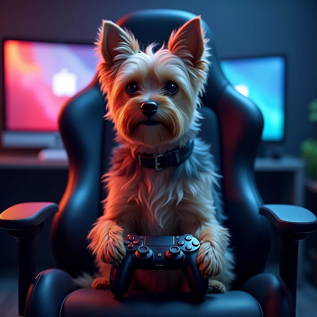 Make a YouTube channel header where there will be a dog sitting on a gaming chair with a PS5 gamepad and playing games and in the background there will be the inscription TerikBoss and the dog will be a Yorkshire Terrier