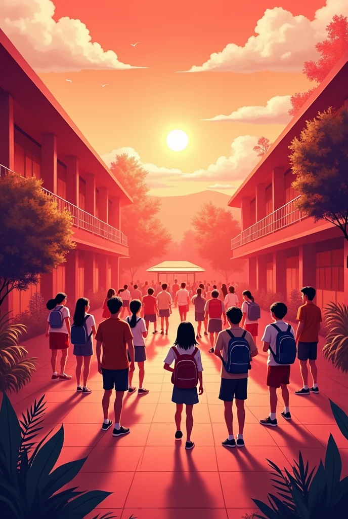 Design the background for a school form in which groups of students are seen and the predominant color is red.