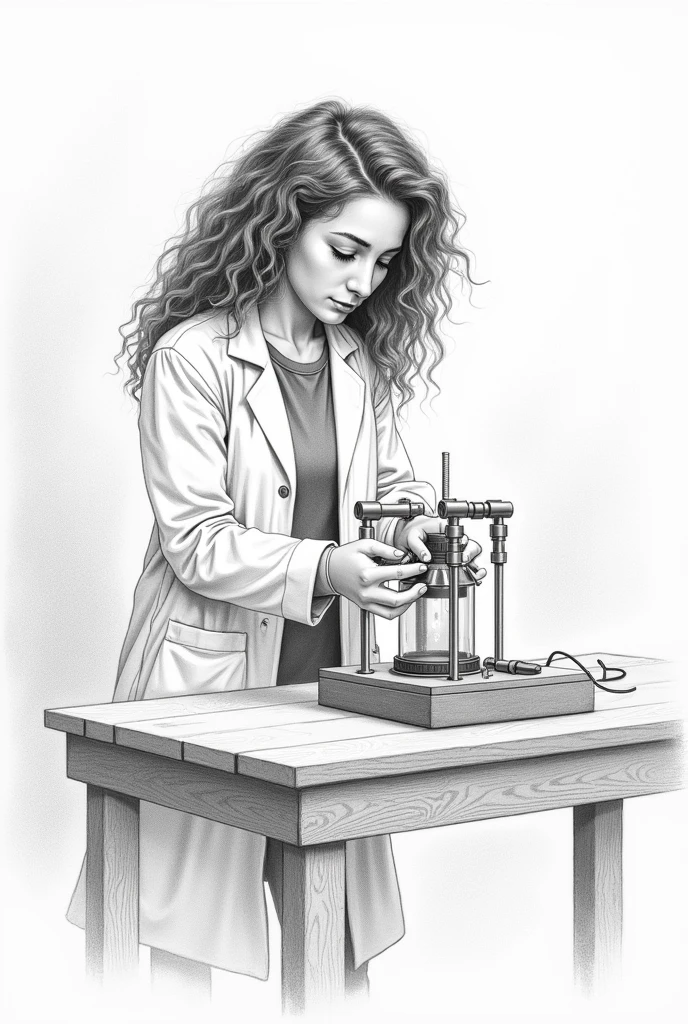 Physics lab with a girl with curly hair, dressed in a white coat, assembling a van de graaff generator on a table, drawn with black pencil