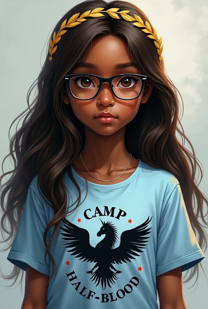 Dark skinned girl with long brown hair and glasses wearing a light blue t-shirt that has a black pegasus on it that says Camp Half-Blood and a golden laurel wreath