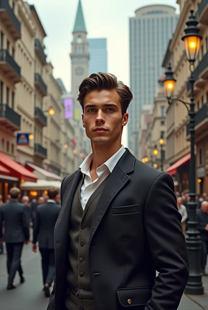 photography realistic, europe a young man, ultra hd, city big band

