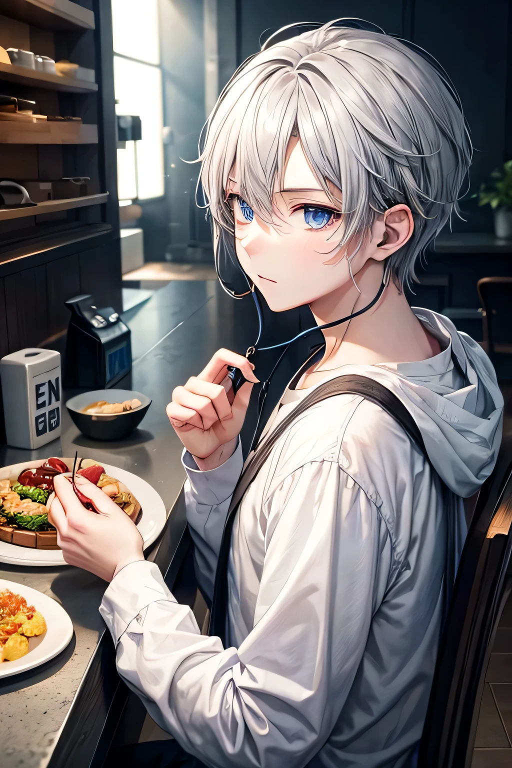 male、blue eyes, Food, earphone, Gray Hair, Half Eye（Filmography）, Back view, 