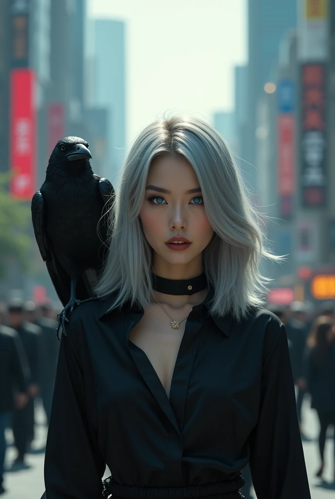 ((4K Works))、masterpiece、（Highest quality)、((high resolution))、((Beautiful woman))、The body is slim、((Black shirt fashion))、(Beautiful eyes in every detail)、A crow with a fantastic city in the background、Walking through a crowded street、((Similar to Chaewon from Le Seraphim))、((Shoulder-length hair))、((Light silver hair))、((Makes your face smaller))、((Neutral face))、((Bright Blue Eyes))、((Korean women))、((1))、((Wild Lady))、((Wild look))、((Laughing with fangs bared))、((Korean style makeup with black eyeshadow))、((elongated and sharp eyes))、((Shot alone))、((fallen Angel))、((fallen Angel Woman))、fallen Angelの写真、Villain、((Amazing photo))、Photograph so that the whole body is visible、Horror、((There is a crow on the right shoulder))、Dark Proof、((Shooting from an oblique angle))、Professional photos、((She is walking next to the viewer))