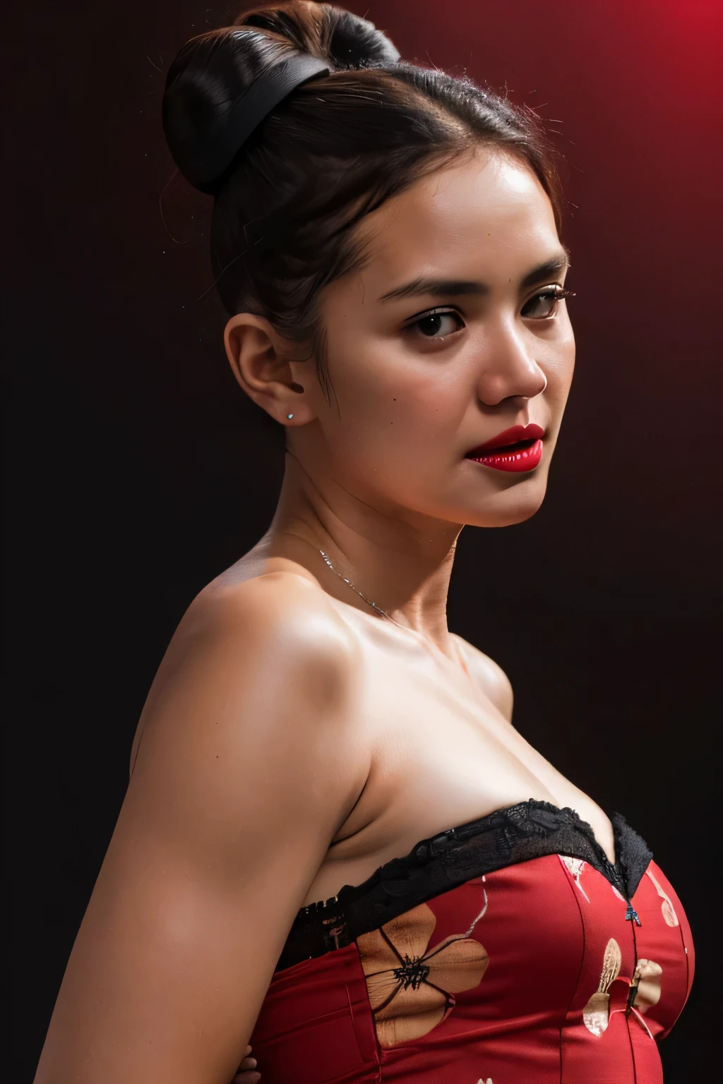 (((((HALF BODY PORTRAIT))))), ((FLAT CHEST:1.8)), ((Lace)), ((CYNIC FACE EXPRESSION:1.44)), masutepiece, High quality, UHD 32K, Realistic face, Realistic skin feeling , A Japanese Lady, 5 matured lady, , Very cute and baby-like face, (((FLAT CHEST))), (Night time at forest), ((look In front at the camera and SADNESS)), (((CUTE GIRL))), ((DARK RED FLUORESCENT LIPS)), ((Floral Pattern)) little wearing strapless bra, strapless colorful bra, dark night background , black forest night, horror scary place, (from behind up) seductive pose. ((((BUN HAIRCUT)))