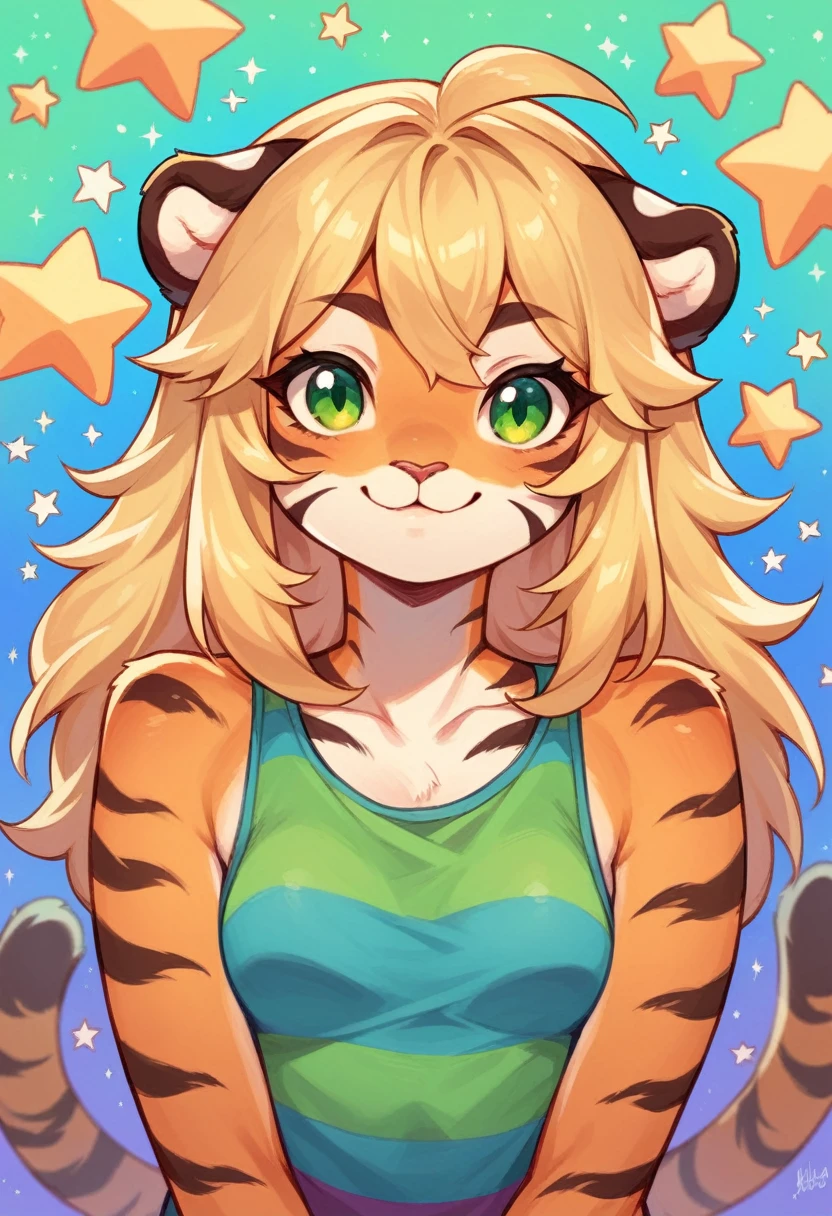 Anthropomorphic, cute, tiger woman, long chic blonde hair, green eyes, hourglass, small breasts, colorful rainbow striped tank top, cheerful smile, portrait, stars background