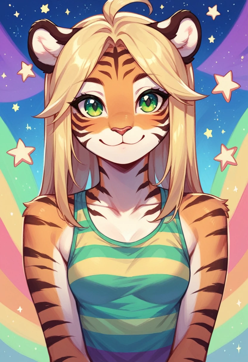 Anthropomorphic, cute, tiger woman, long chic blonde hair, green eyes, hourglass, small breasts, colorful rainbow striped tank top, cheerful smile, portrait, stars background