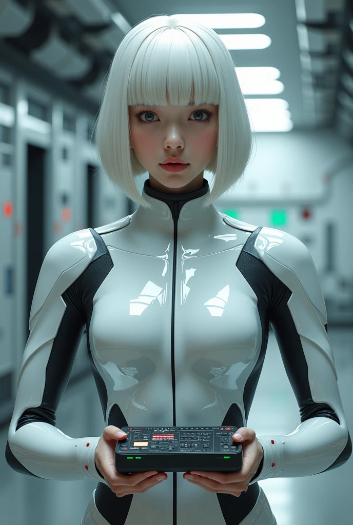 character reference from different angles, guy, Japanese guy, white bob hair, straight cut bangs, android pilot, control panel in hands. GUY in full height