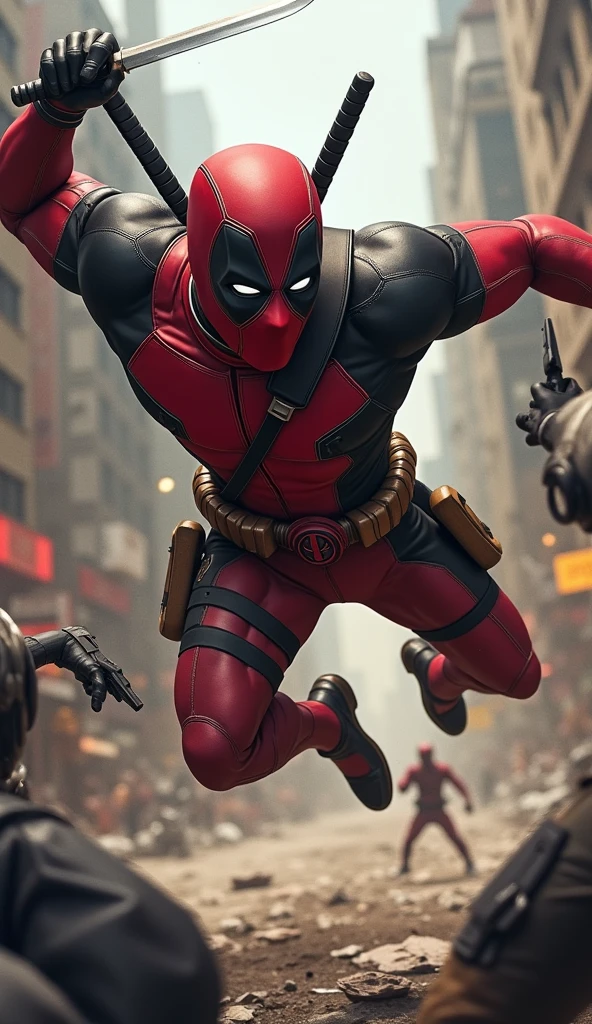 - Deadpool is in the middle of a fierce fight with the villains. He is spinning in the air, punching a villain and blocking an attack with a makeshift shield.