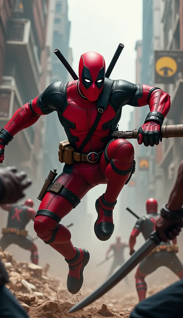 - Deadpool is in the middle of a fierce fight with the villains. He is spinning in the air, punching a villain and blocking an attack with a makeshift shield.