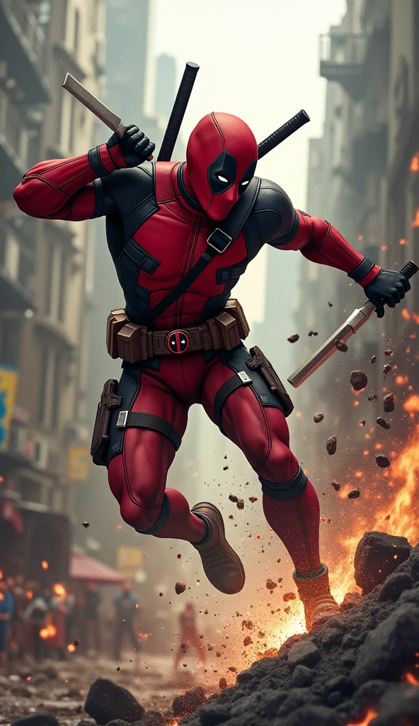 - Deadpool is in the middle of a fierce fight with the villains. He is spinning in the air, punching a villain and blocking an attack with a makeshift shield.