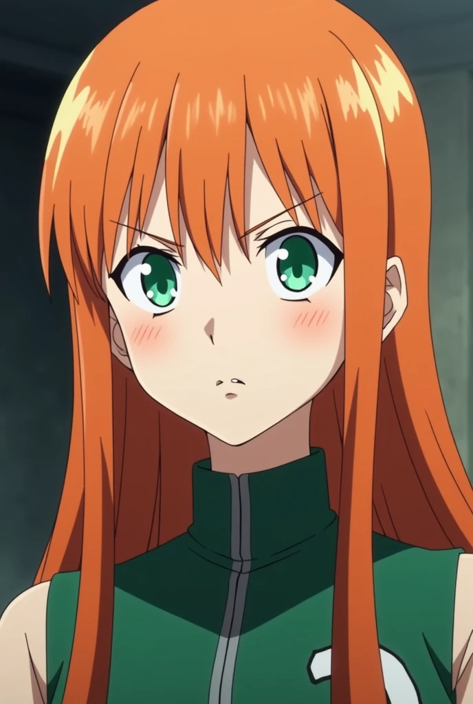 Screenshot Boku no hero academia,
Pretty Young Woman.
long straight natural orange hair natural green slanted eyes serious full body