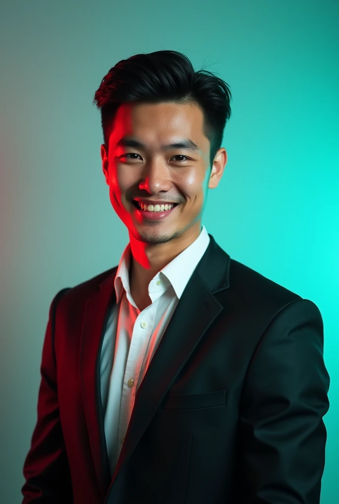 A young man with dark hair anda smile.
He is dressed in a black blazer over a white shirt.
The man is positioned against aqua colour
backdrop with a subtle red lighting on the left
side. and he posing for Linkedin profile