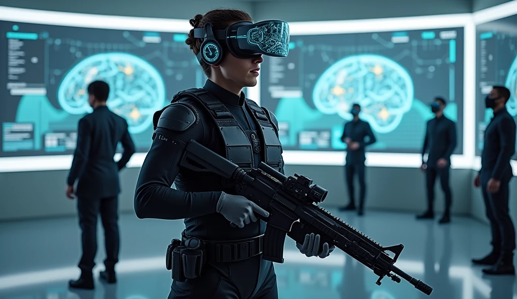 "Create an image of a soldier in a virtual reality simulator, wearing VR goggles and holding a training rifle. In the background, a team of psychologists and specialists monitor his reactions on screens displaying brain activity graphs. The setting should look futuristic, emphasizing the role of mental training in modern warfare."