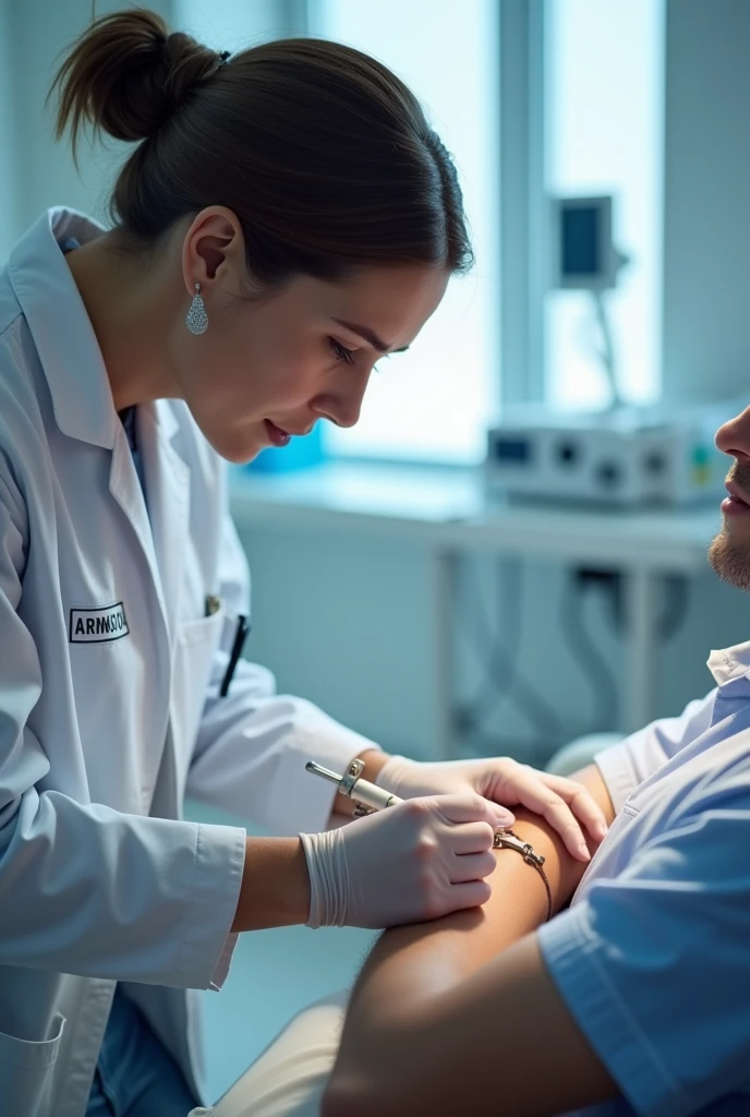 A nurse performing a venipuncture on a patient wearing a white lab coat with his name on it 