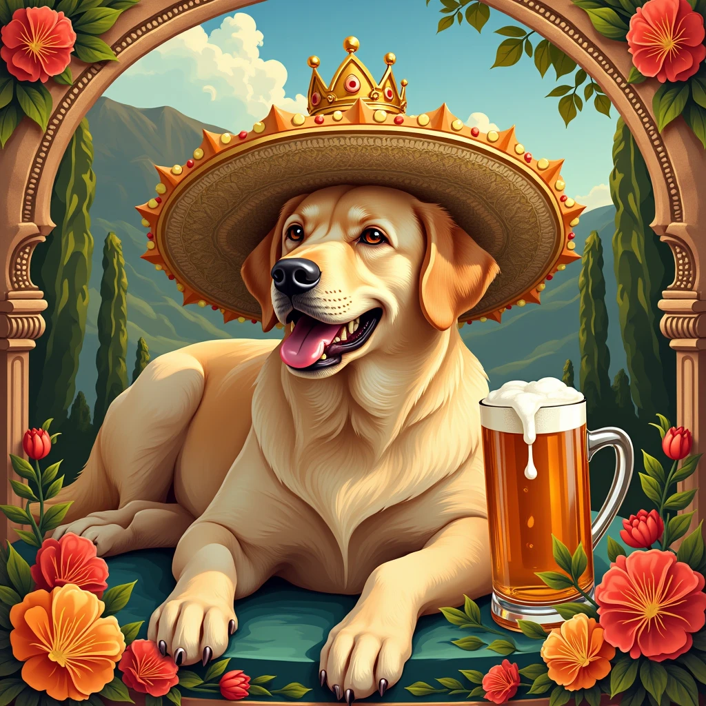 a labrador in the Spanish manner sips a crown of beer sitting in a sombreroСтиль модерн, 